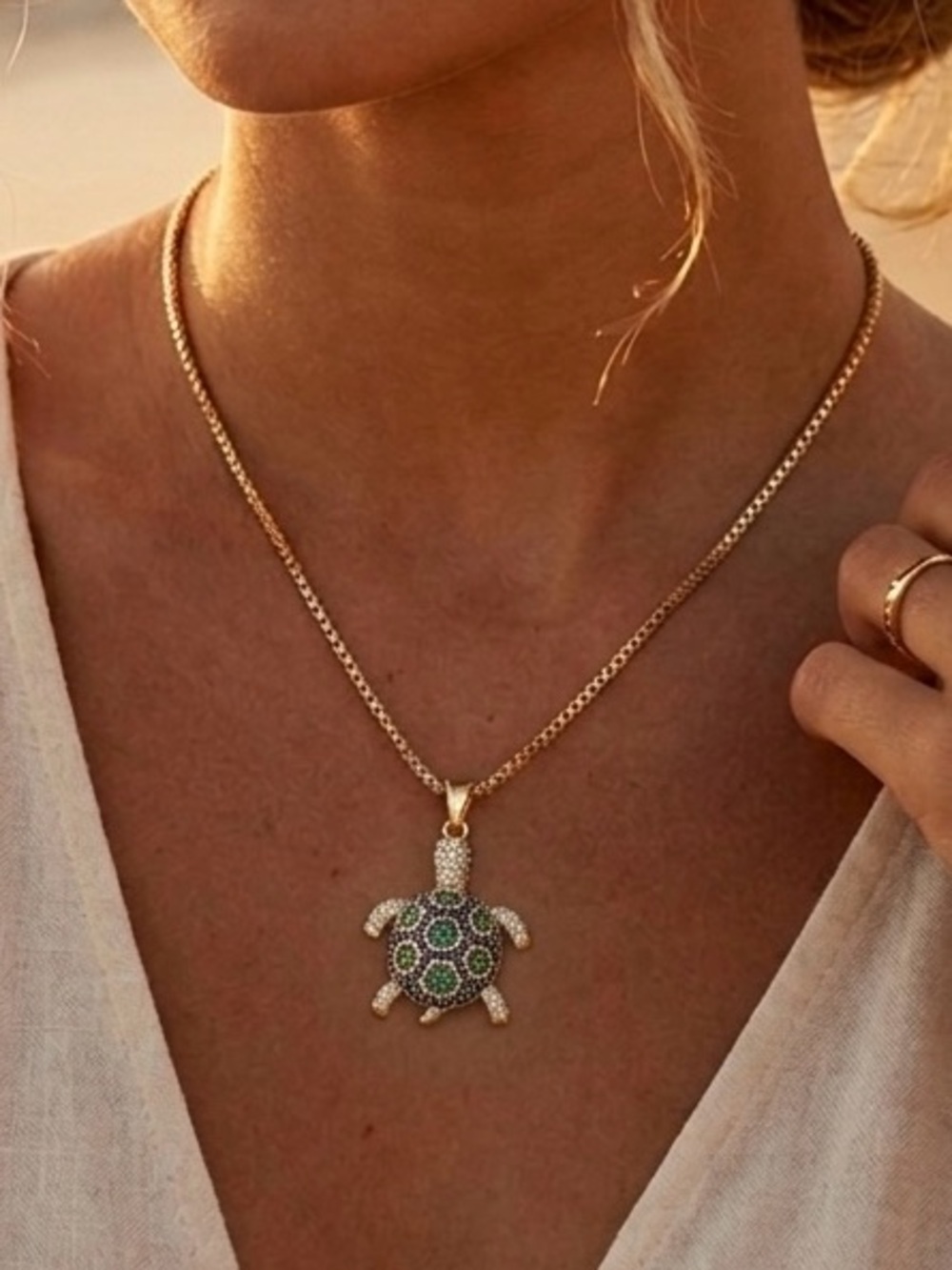 Turtle Necklace 14k Gold Plated Water Resistant CZ Stone Tarnish Resistant